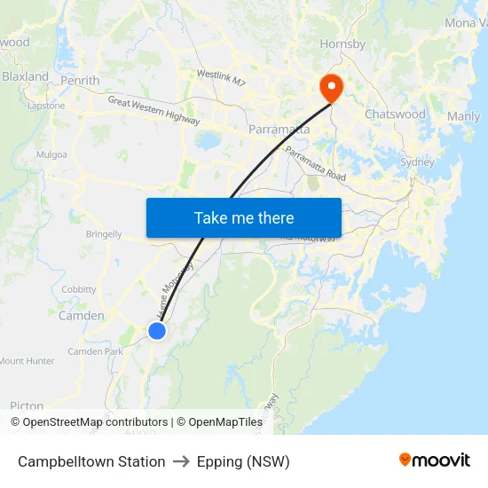 Campbelltown Station to Epping (NSW) map