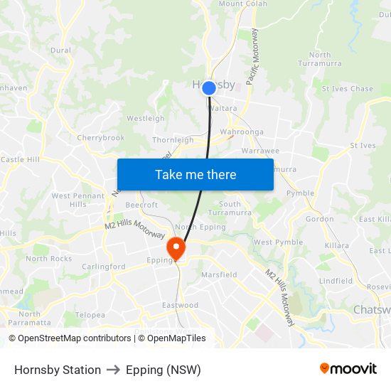 Hornsby Station to Epping (NSW) map