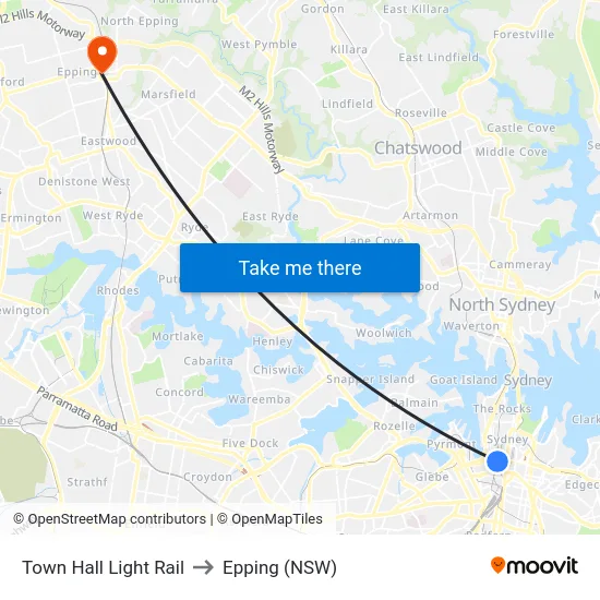 Town Hall Light Rail to Epping (NSW) map