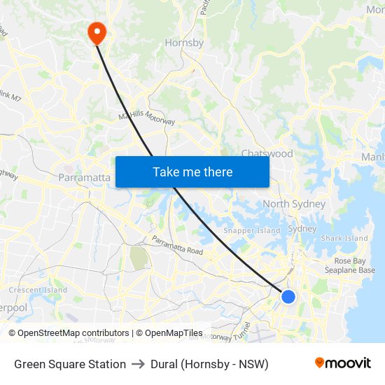 Green Square Station to Dural (Hornsby - NSW) map