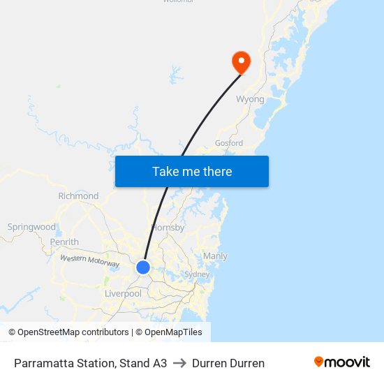 Parramatta Station, Stand A3 to Durren Durren map