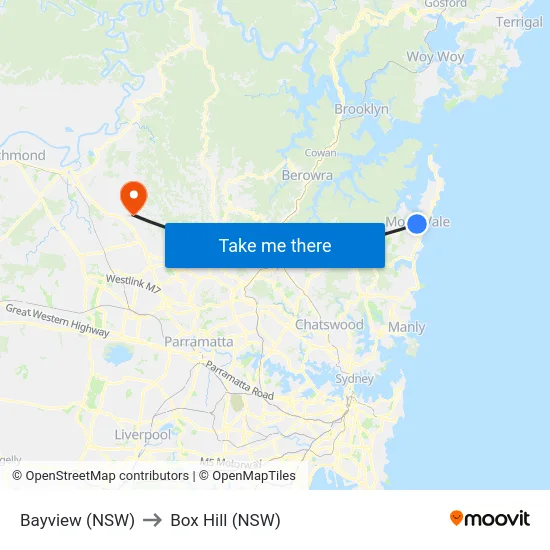 Bayview (NSW) to Box Hill (NSW) map