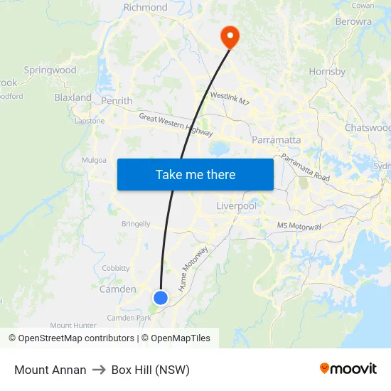 Mount Annan to Box Hill (NSW) map