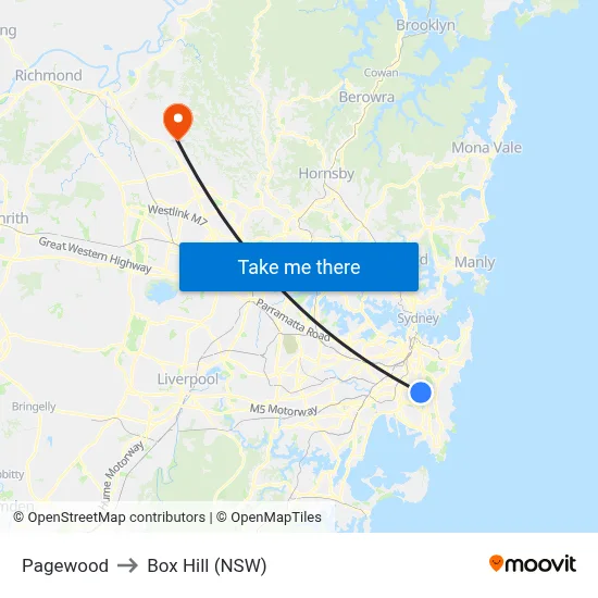 Pagewood to Box Hill (NSW) map
