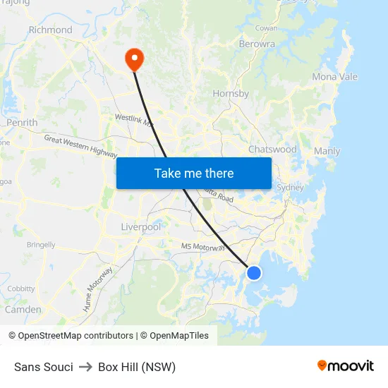 Sans Souci to Box Hill (NSW) map