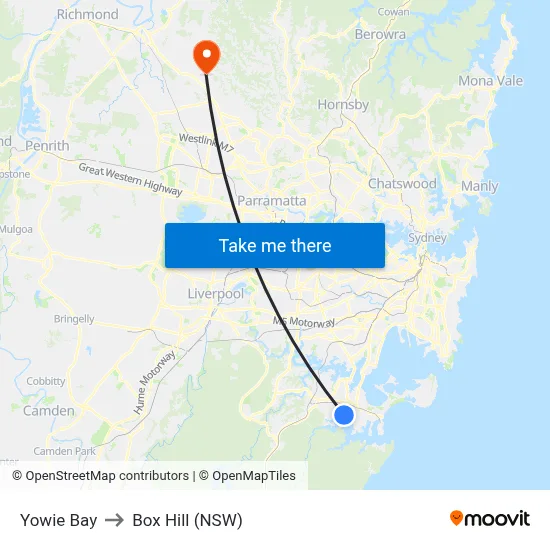 Yowie Bay to Box Hill (NSW) map