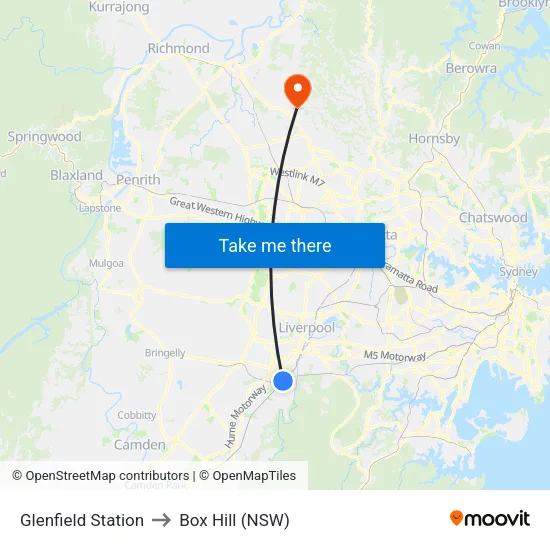 Glenfield Station to Box Hill (NSW) map
