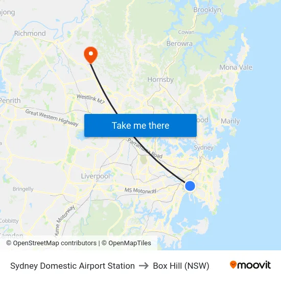Sydney Domestic Airport Station to Box Hill (NSW) map