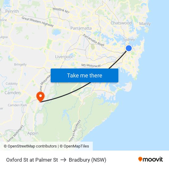 Oxford St at Palmer St to Bradbury (NSW) map