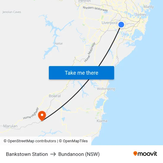 Bankstown Station to Bundanoon (NSW) map