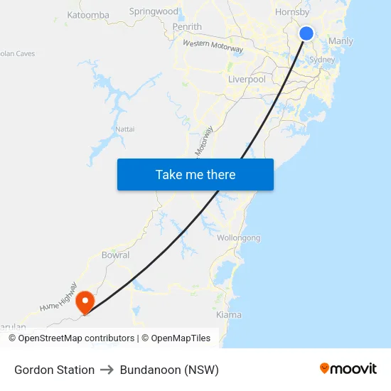 Gordon Station to Bundanoon (NSW) map