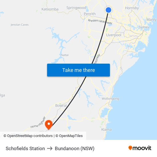 Schofields Station to Bundanoon (NSW) map