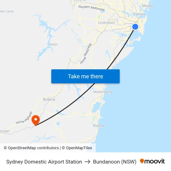 Sydney Domestic Airport Station to Bundanoon (NSW) map
