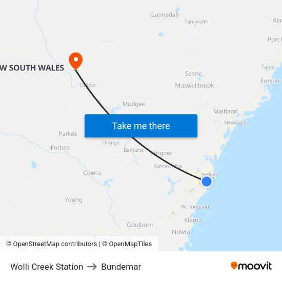 Wolli Creek Station to Bundemar map