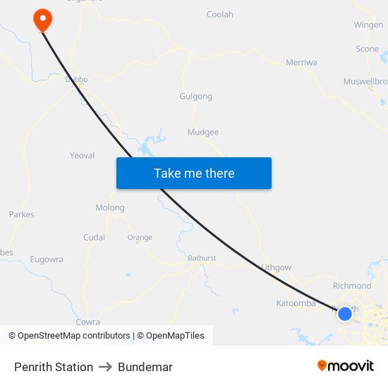 Penrith Station to Bundemar map