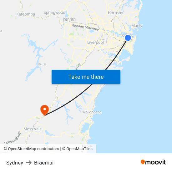 Sydney to Braemar map