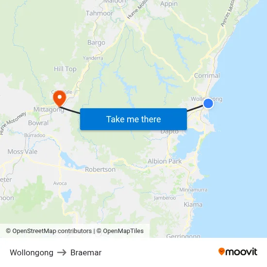 Wollongong to Braemar map