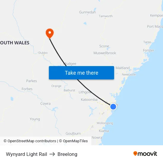 Wynyard Light Rail to Breelong map