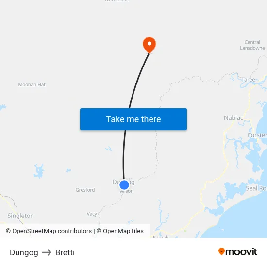 Dungog to Bretti map