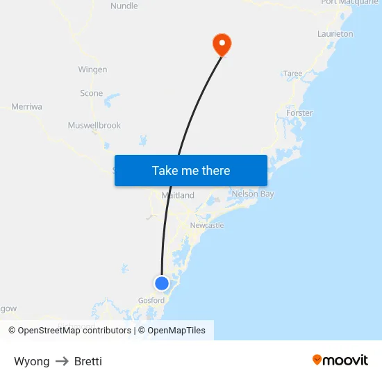 Wyong to Bretti map