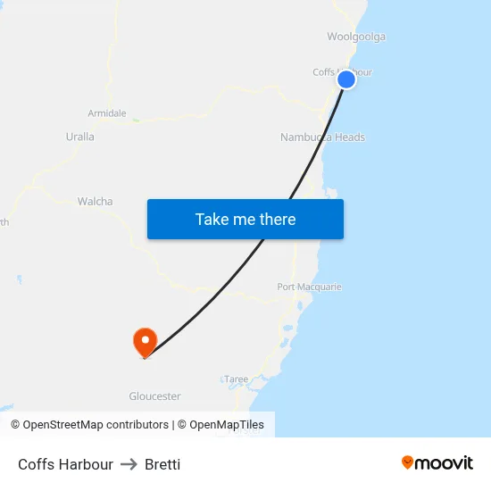 Coffs Harbour to Bretti map
