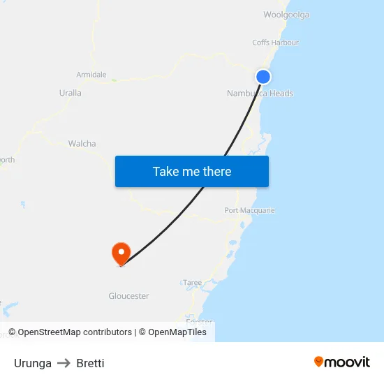 Urunga to Bretti map
