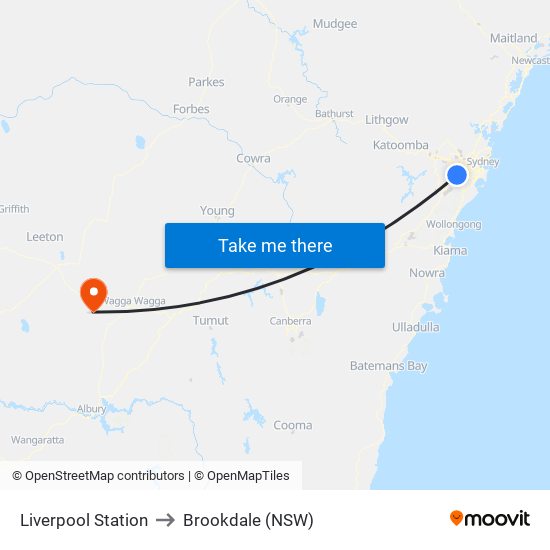 Liverpool Station to Brookdale (NSW) map