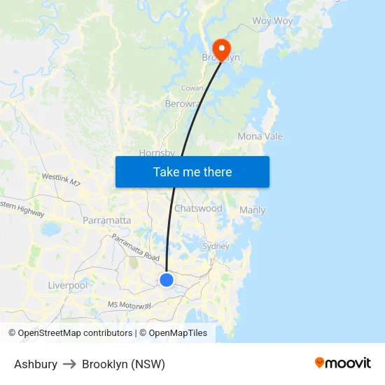 Ashbury to Brooklyn (NSW) map