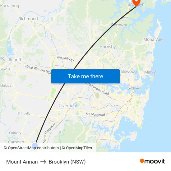 Mount Annan to Brooklyn (NSW) map
