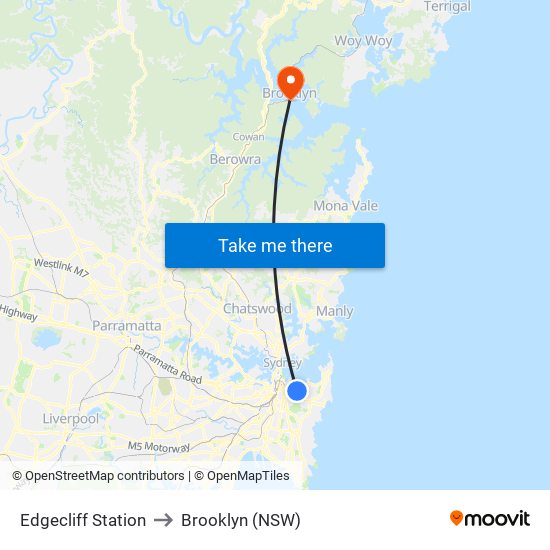 Edgecliff Station to Brooklyn (NSW) map