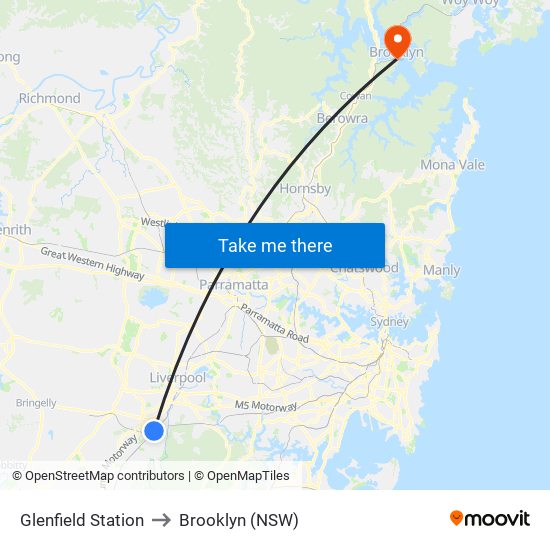 Glenfield Station to Brooklyn (NSW) map