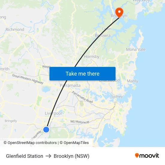 Glenfield Station to Brooklyn (NSW) map