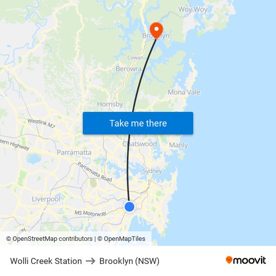 Wolli Creek Station to Brooklyn (NSW) map