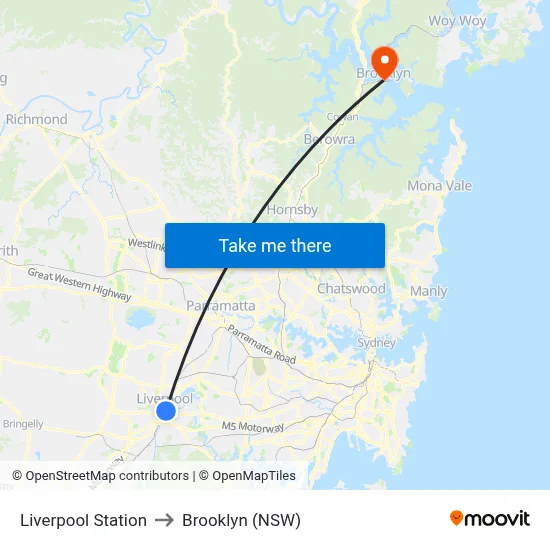 Liverpool Station to Brooklyn (NSW) map