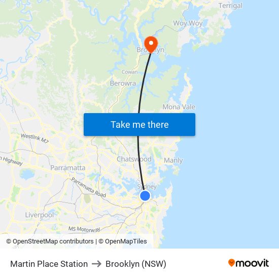 Martin Place Station to Brooklyn (NSW) map