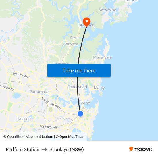 Redfern Station to Brooklyn (NSW) map