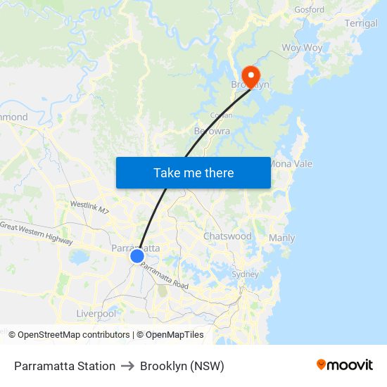 Parramatta Station to Brooklyn (NSW) map