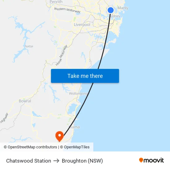 Chatswood Station to Broughton (NSW) map