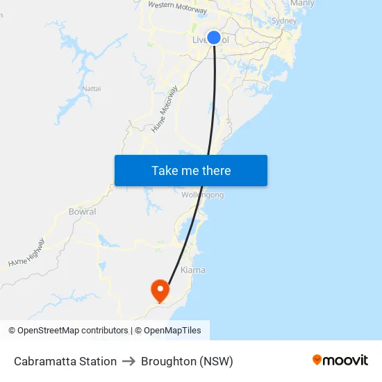 Cabramatta Station to Broughton (NSW) map