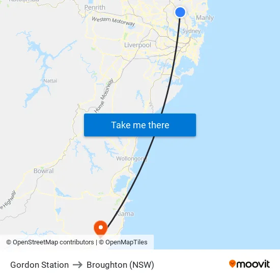 Gordon Station to Broughton (NSW) map