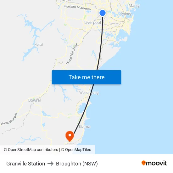 Granville Station to Broughton (NSW) map