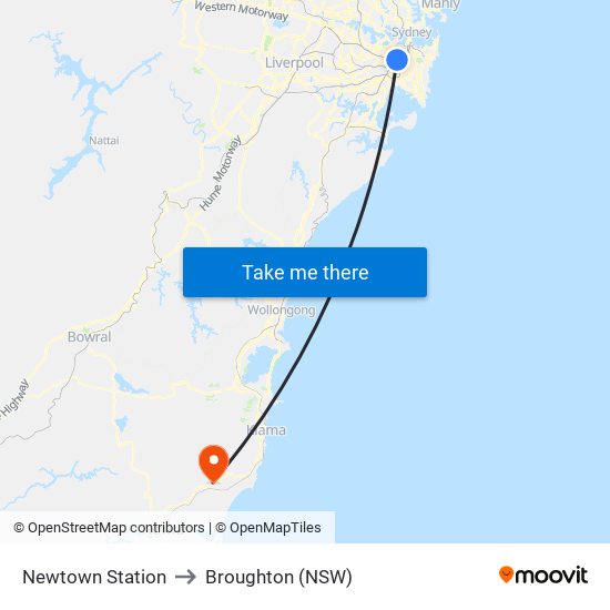 Newtown Station to Broughton (NSW) map