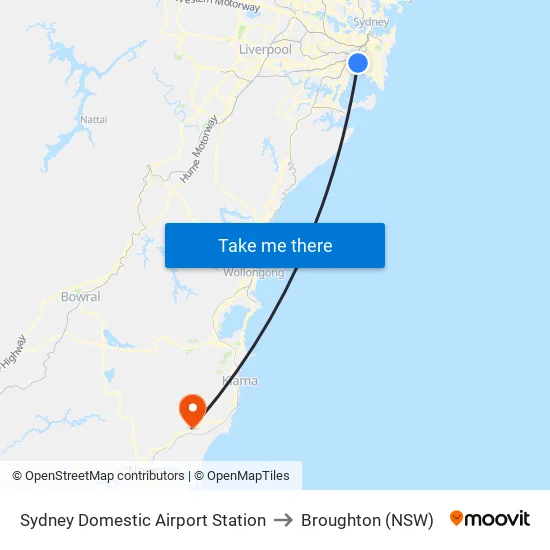 Sydney Domestic Airport Station to Broughton (NSW) map