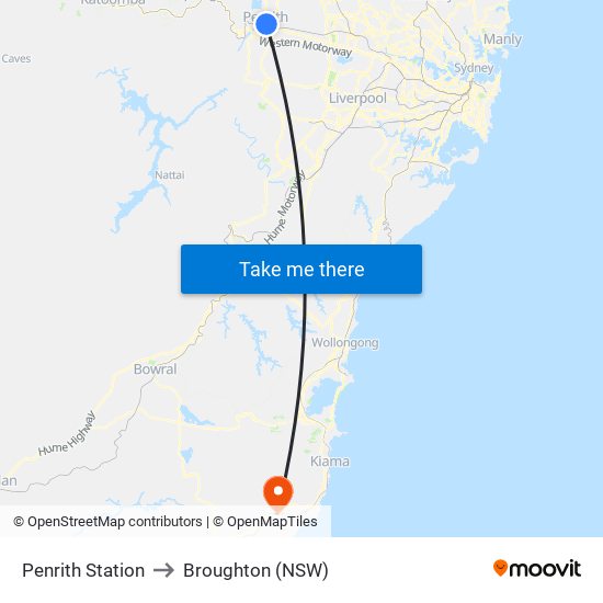 Penrith Station to Broughton (NSW) map