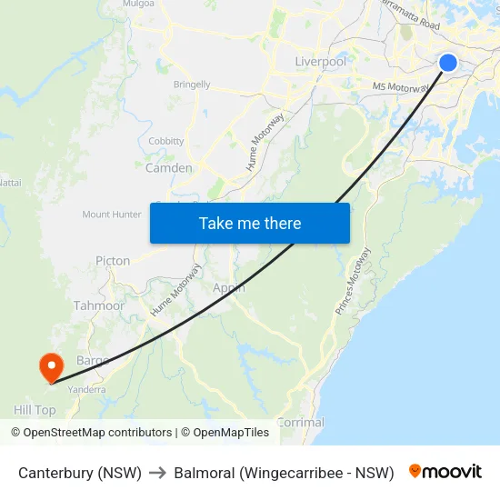 Canterbury (NSW) to Balmoral (Wingecarribee - NSW) map