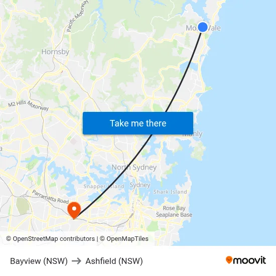 Bayview (NSW) to Ashfield (NSW) map