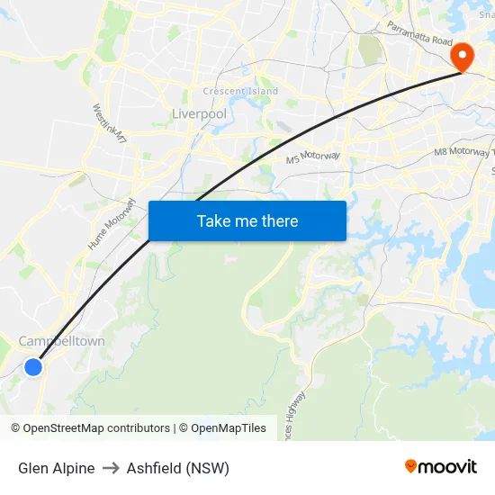 Glen Alpine to Ashfield (NSW) map