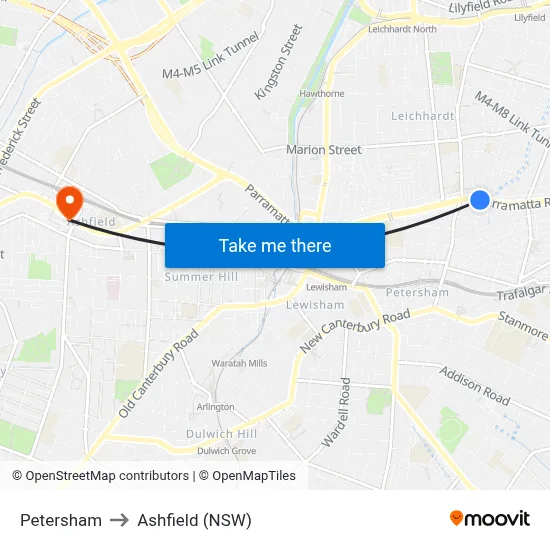 Petersham to Ashfield (NSW) map