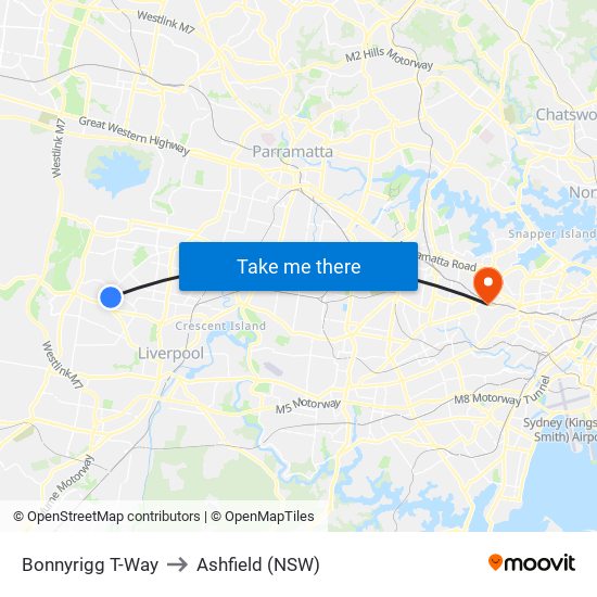 Bonnyrigg T-Way to Ashfield (NSW) map