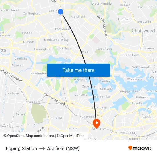 Epping Station to Ashfield (NSW) map
